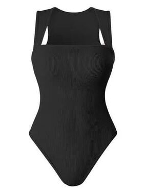 OQQ Black Ribbed Square-Neck Form-Fitting Bodysuit - XXL - NWOT